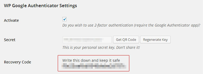 WP Google Authenticator Recovery Code Feature